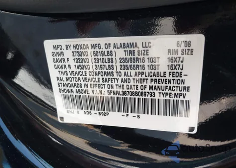 2008 Honda Odyssey Ex-L from USA, damaged, VIN 5FNRL38708B089793